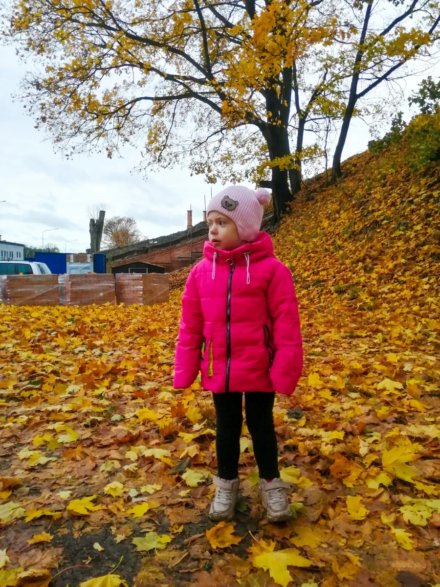 Ребенок на природе, золотая осень, листики клена, дождь